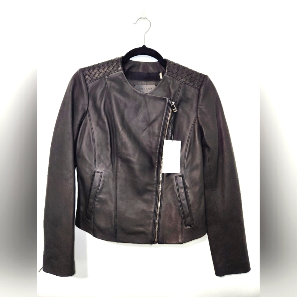 COLE HAAN collarless leather wing Jacket 100% Lamb Skin